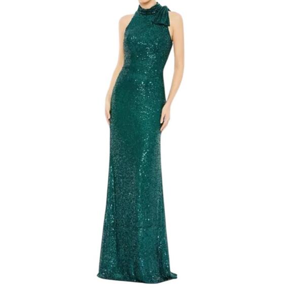 Mac Duggal Dresses & Skirts - Mac Duggal Teal Sequined Soft Tie Halter Neck Column Gown Style 11280 Size 2 NEW